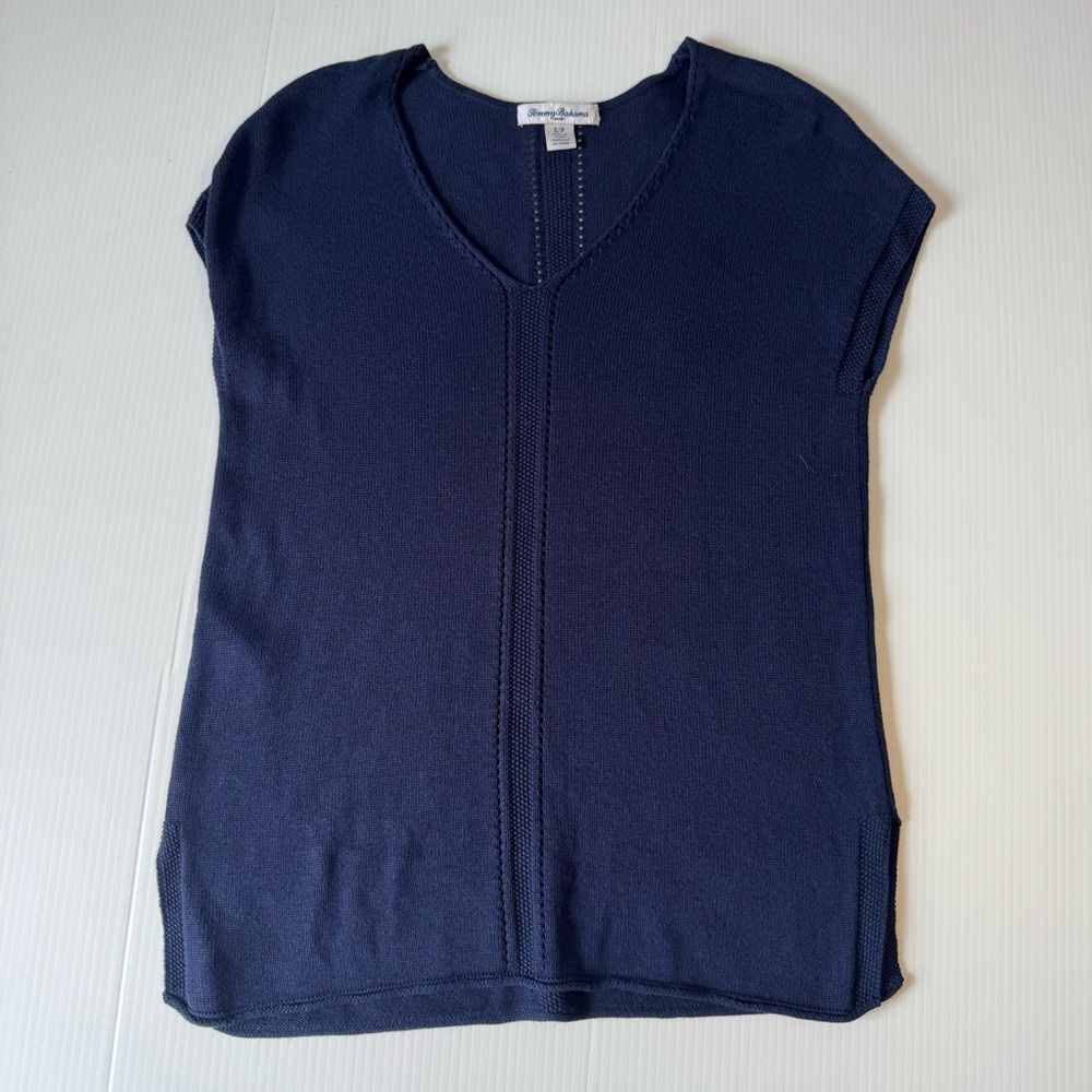 Tommy Bahama Navy Blue Pointelle V-Neck Knit Sweater Vest Top Small Preppy